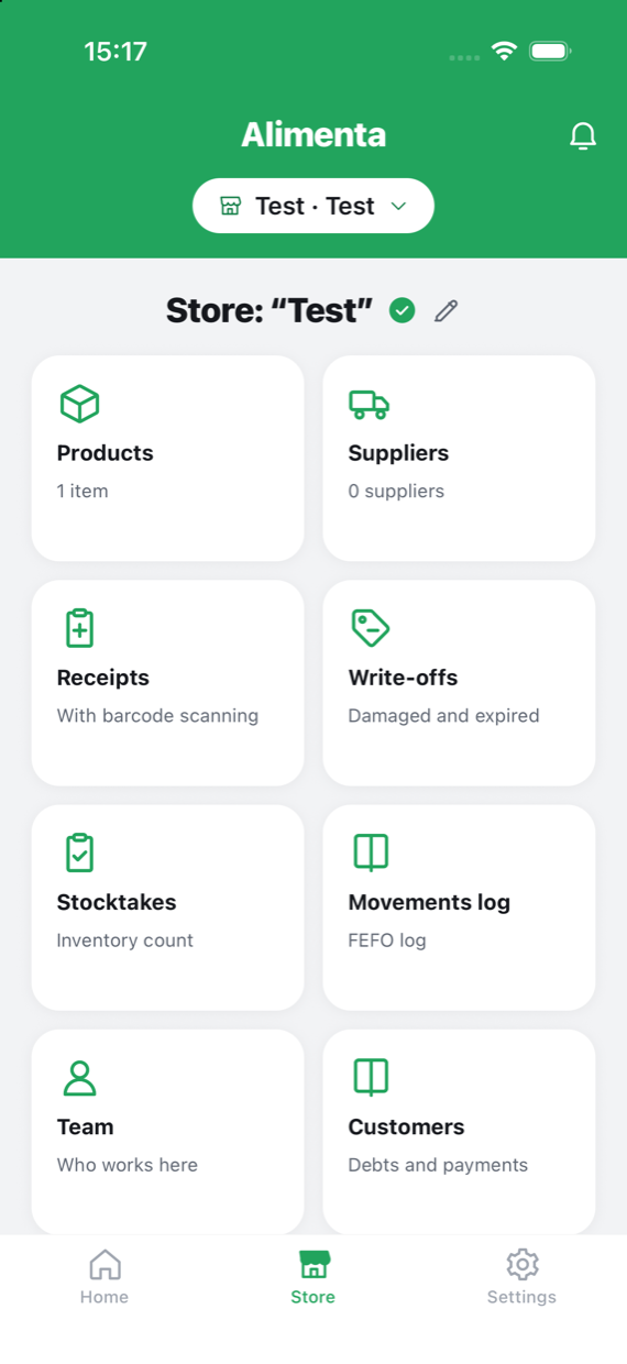 The shop screen in the Alimenta app: products, suppliers, deliveries, write-offs, stocktakes and the movements journal.